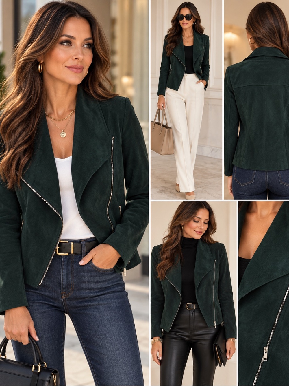 Tahari Dark Green Suede like Asymmetrical Zip Moto Blazer